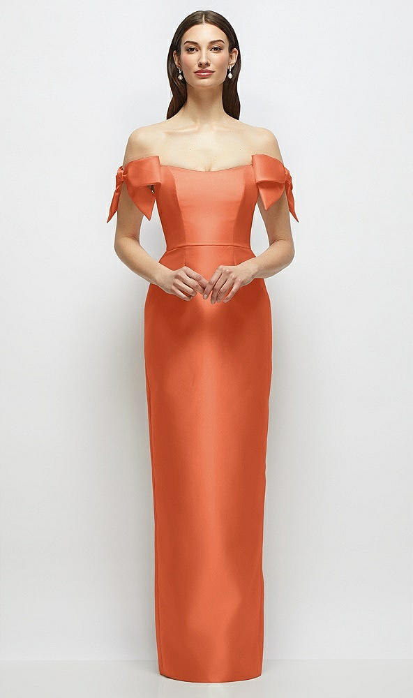 Front View - Portofino Orange Basque-Neck Satin Column Maxi Dress with Off-the-Shoulder Bows
