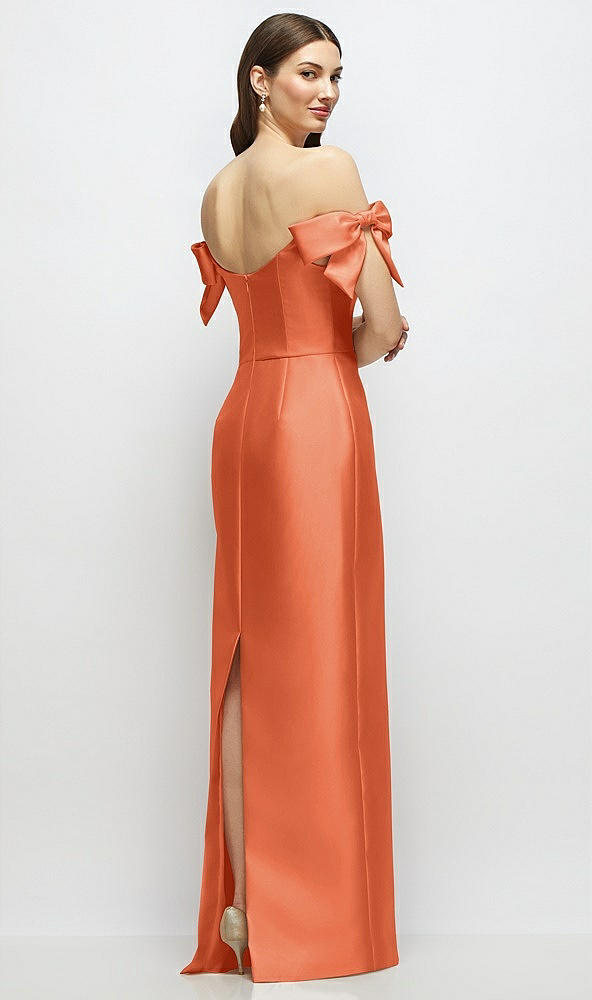 Back View - Portofino Orange Basque-Neck Satin Column Maxi Dress with Off-the-Shoulder Bows