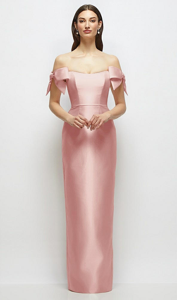 Front View - Rose Basque-Neck Satin Column Maxi Dress with Off-the-Shoulder Bows