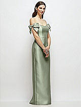 Side View Thumbnail - Sage Basque-Neck Satin Column Maxi Dress with Off-the-Shoulder Bows