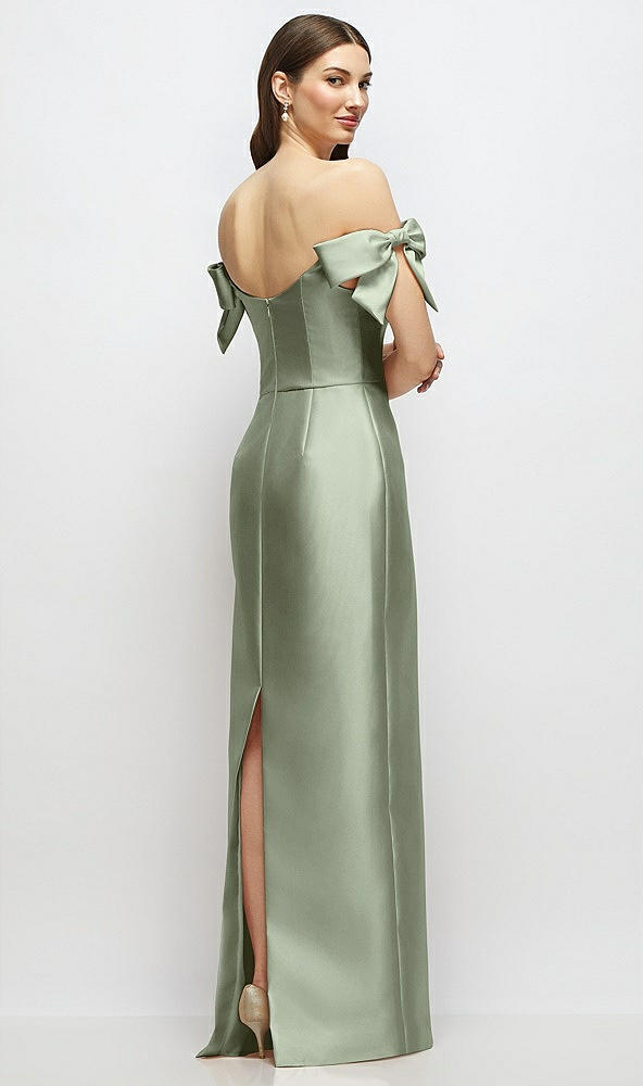 Back View - Sage Basque-Neck Satin Column Maxi Dress with Off-the-Shoulder Bows