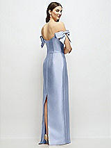 Rear View Thumbnail - Sky Blue Basque-Neck Satin Column Maxi Dress with Off-the-Shoulder Bows