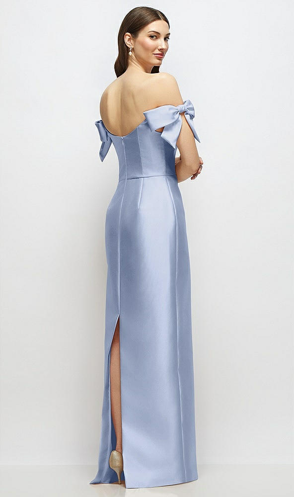 Back View - Sky Blue Basque-Neck Satin Column Maxi Dress with Off-the-Shoulder Bows