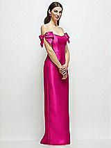 Side View Thumbnail - Think Pink Basque-Neck Satin Column Maxi Dress with Off-the-Shoulder Bows