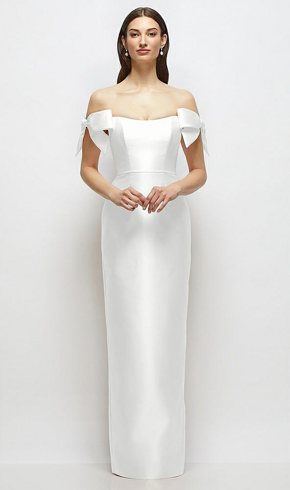 Front View - White Basque-Neck Satin Column Maxi Dress with Off-the-Shoulder Bows