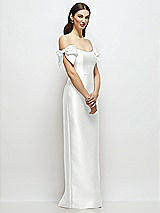 Side View Thumbnail - White Basque-Neck Satin Column Maxi Dress with Off-the-Shoulder Bows