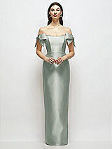 Front View Thumbnail - Willow Green Basque-Neck Satin Column Maxi Dress with Off-the-Shoulder Bows