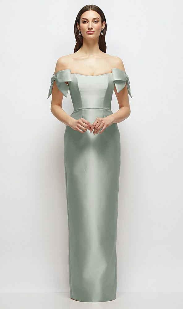 Front View - Willow Green Basque-Neck Satin Column Maxi Dress with Off-the-Shoulder Bows