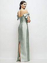 Rear View Thumbnail - Willow Green Basque-Neck Satin Column Maxi Dress with Off-the-Shoulder Bows