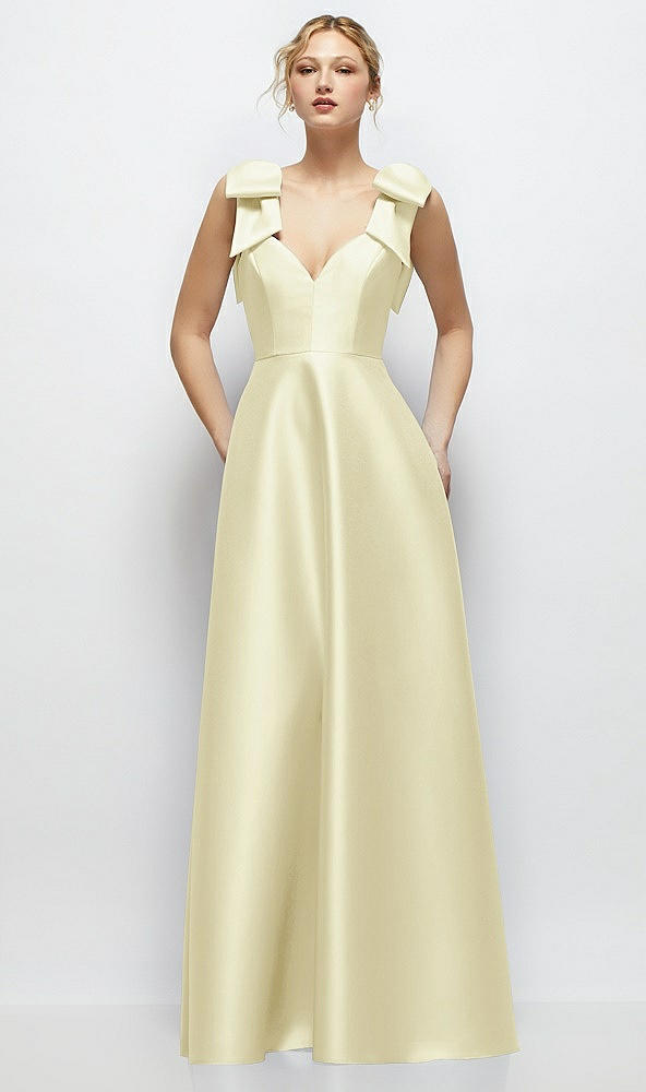 Front View - Butter Yellow Deep V-Neck Satin Ball Gown with Shoulder Bows