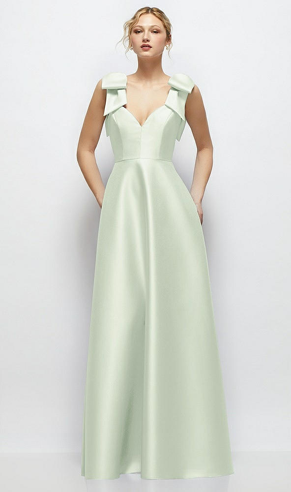 Front View - Mint Green Deep V-Neck Satin Ball Gown with Shoulder Bows