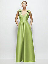Front View Thumbnail - Mojito Deep V-Neck Satin Ball Gown with Shoulder Bows