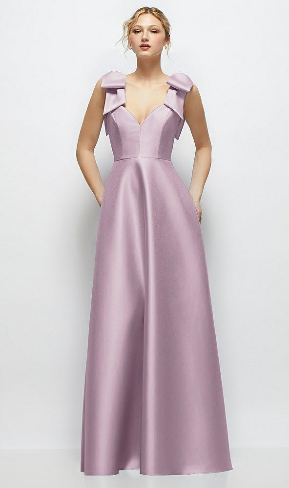 Front View - Suede Rose Deep V-Neck Satin Ball Gown with Shoulder Bows