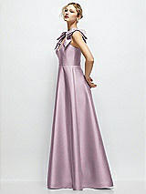 Side View Thumbnail - Suede Rose Deep V-Neck Satin Ball Gown with Shoulder Bows