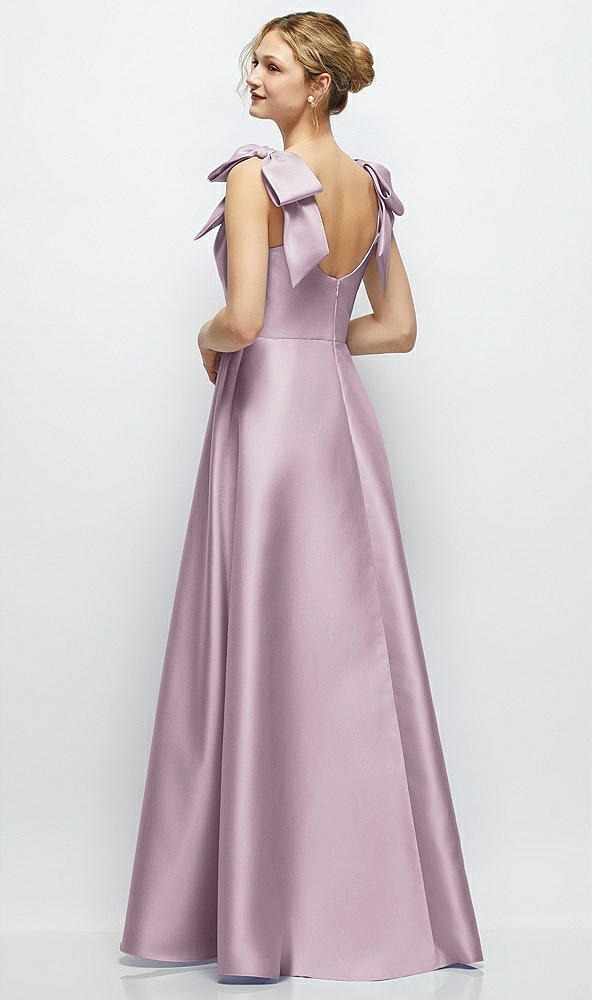 Back View - Suede Rose Deep V-Neck Satin Ball Gown with Shoulder Bows