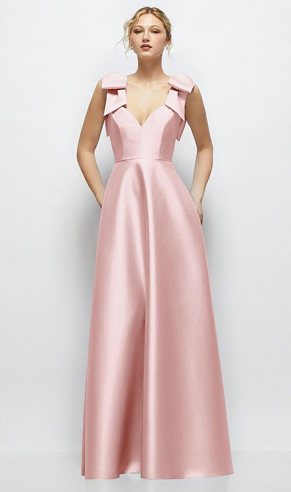 Front View - Ballet Pink Deep V-Neck Satin Ball Gown with Shoulder Bows
