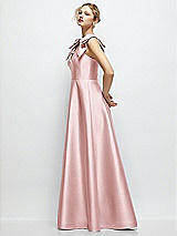Side View Thumbnail - Ballet Pink Deep V-Neck Satin Ball Gown with Shoulder Bows