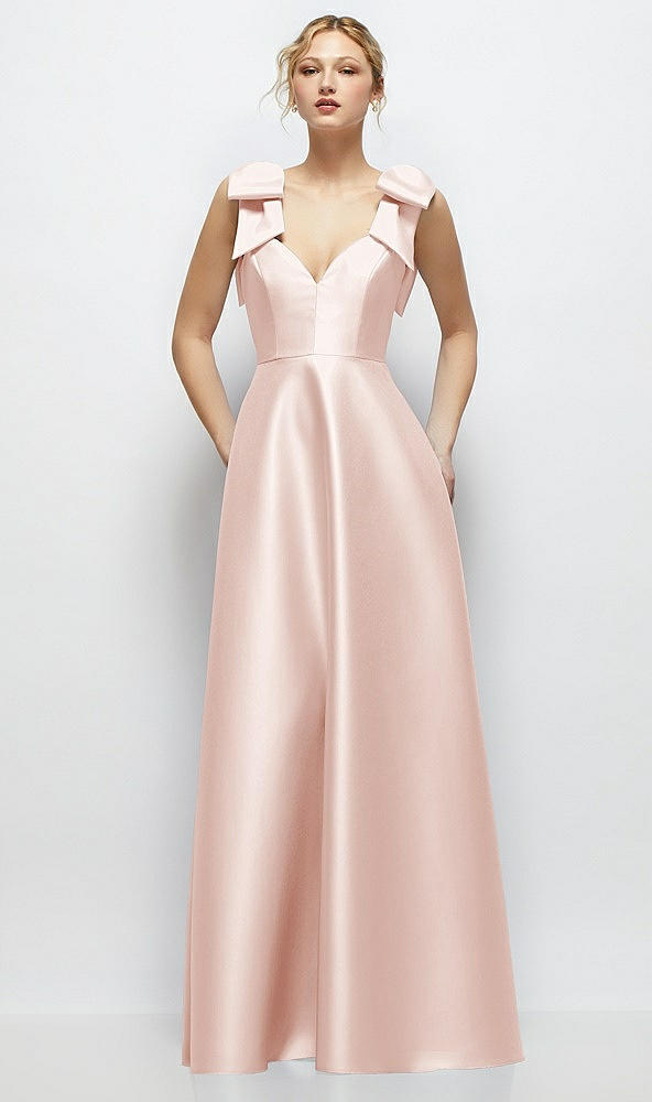 Front View - Blush Deep V-Neck Satin Ball Gown with Shoulder Bows