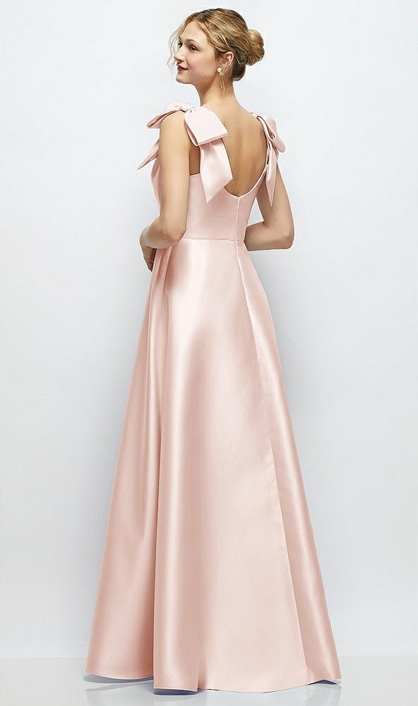 Back View - Blush Deep V-Neck Satin Ball Gown with Shoulder Bows