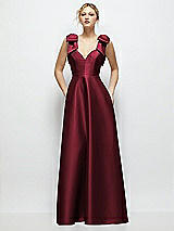Front View Thumbnail - Cabernet Deep V-Neck Satin Ball Gown with Shoulder Bows