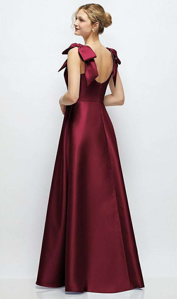 Back View - Cabernet Deep V-Neck Satin Ball Gown with Shoulder Bows