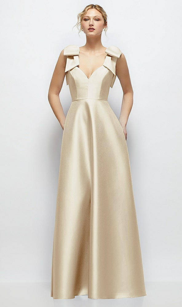 Front View - Champagne Deep V-Neck Satin Ball Gown with Shoulder Bows