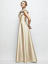 Side View Thumbnail - Champagne Deep V-Neck Satin Ball Gown with Shoulder Bows