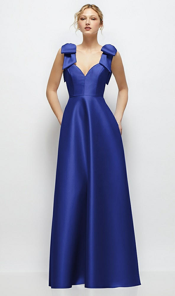 Front View - Cobalt Blue Deep V-Neck Satin Ball Gown with Shoulder Bows
