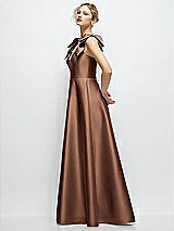 Side View Thumbnail - Cognac Deep V-Neck Satin Ball Gown with Shoulder Bows