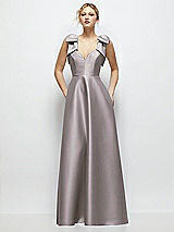 Front View Thumbnail - Cashmere Gray Deep V-Neck Satin Ball Gown with Shoulder Bows