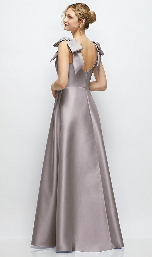 Back View - Cashmere Gray Deep V-Neck Satin Ball Gown with Shoulder Bows