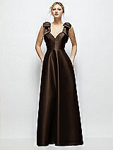 Front View Thumbnail - Espresso Deep V-Neck Satin Ball Gown with Shoulder Bows