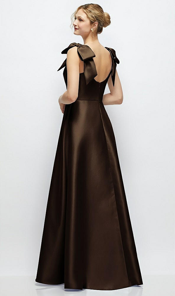 Back View - Espresso Deep V-Neck Satin Ball Gown with Shoulder Bows