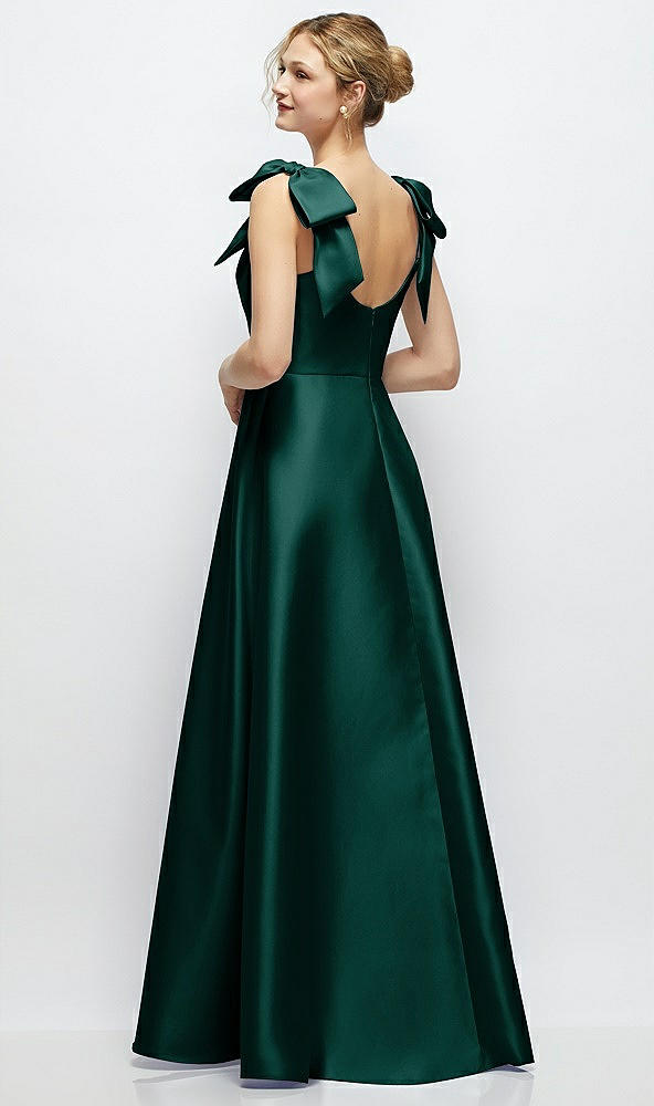 Back View - Evergreen Deep V-Neck Satin Ball Gown with Shoulder Bows