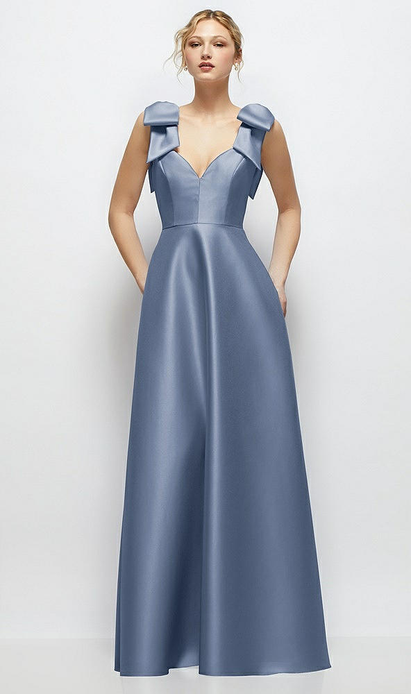 Front View - Larkspur Blue Deep V-Neck Satin Ball Gown with Shoulder Bows