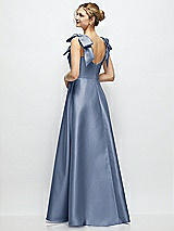 Rear View Thumbnail - Larkspur Blue Deep V-Neck Satin Ball Gown with Shoulder Bows