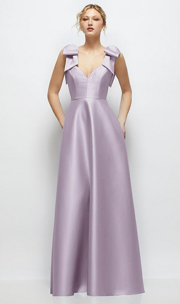 Front View - Lilac Haze Deep V-Neck Satin Ball Gown with Shoulder Bows
