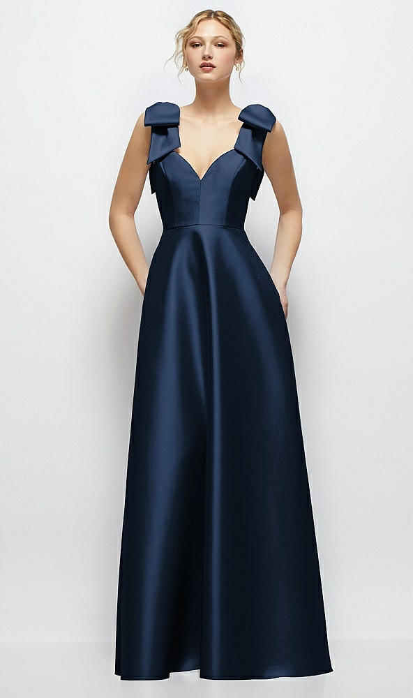 Front View - Midnight Navy Deep V-Neck Satin Ball Gown with Shoulder Bows