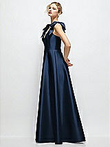 Side View Thumbnail - Midnight Navy Deep V-Neck Satin Ball Gown with Shoulder Bows