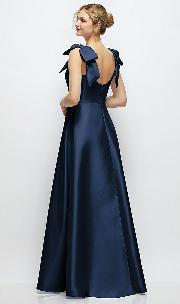 Back View - Midnight Navy Deep V-Neck Satin Ball Gown with Shoulder Bows