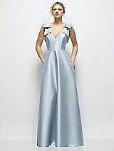 Front View Thumbnail - Mist Deep V-Neck Satin Ball Gown with Shoulder Bows