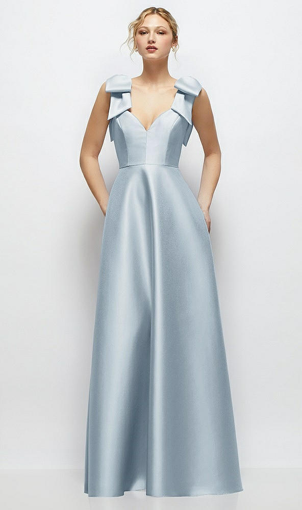Front View - Mist Deep V-Neck Satin Ball Gown with Shoulder Bows