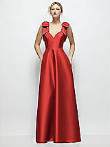 Front View Thumbnail - Poppy Red Deep V-Neck Satin Ball Gown with Shoulder Bows