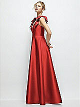 Side View Thumbnail - Poppy Red Deep V-Neck Satin Ball Gown with Shoulder Bows