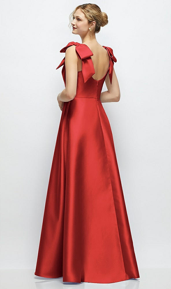 Back View - Poppy Red Deep V-Neck Satin Ball Gown with Shoulder Bows