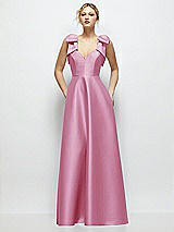 Front View Thumbnail - Powder Pink Deep V-Neck Satin Ball Gown with Shoulder Bows
