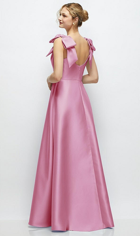 Back View - Powder Pink Deep V-Neck Satin Ball Gown with Shoulder Bows