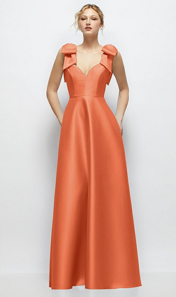Front View - Portofino Orange Deep V-Neck Satin Ball Gown with Shoulder Bows