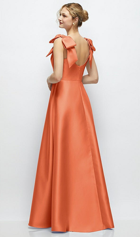 Back View - Portofino Orange Deep V-Neck Satin Ball Gown with Shoulder Bows