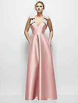 Front View Thumbnail - Rose Deep V-Neck Satin Ball Gown with Shoulder Bows